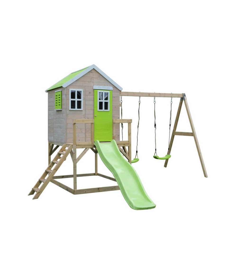 Casuta de gradina Lime Lodge cu platforma, tobogan si leagan dublu, Wendi Toys - Căsuță de grădină