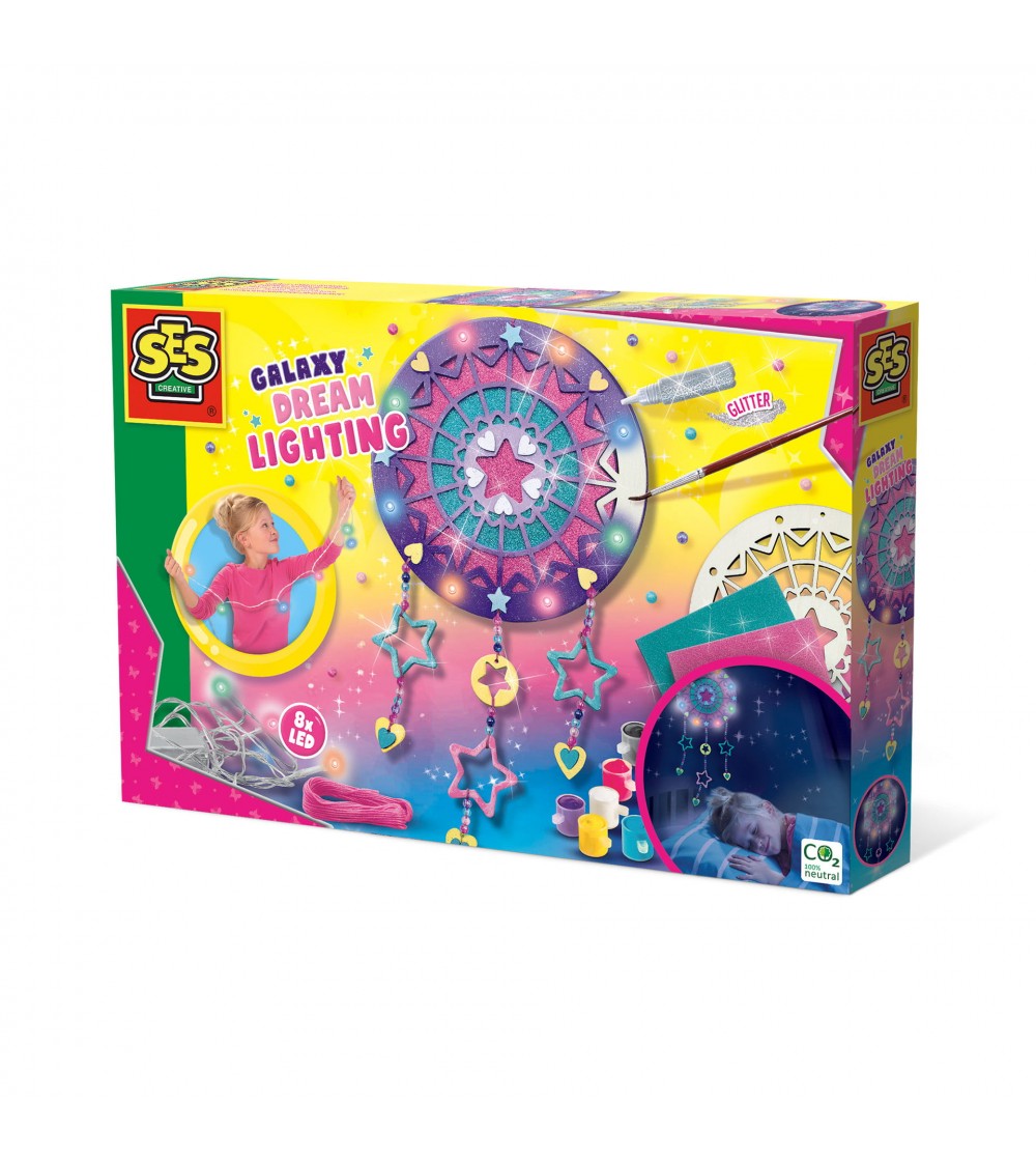 Set creativ copii - Capcana de vise cu ghirlanda luminoasa cu tematica galaxie - Lucru manual pentru copii