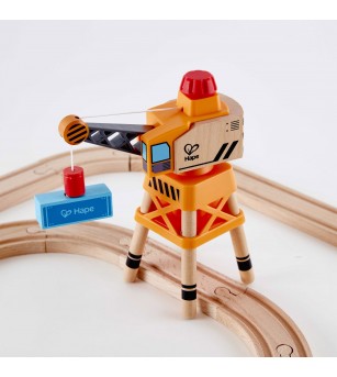 Jucarie din lemn - Set tren de marfa cu macara (34 piese) - Jucării