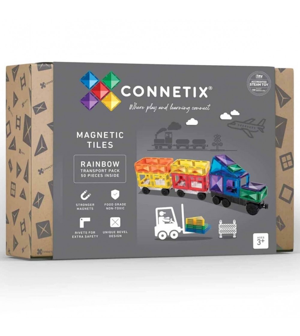 Set Connetix 50 piese magnetice de construcție, Rainbow Transport Pack - Jucarii magnetice