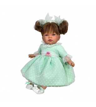Papusa Nines D'Onil, Celia, cu sunete, cu parul saten, cu rochie menta plumeti, cu miros de vanilie, 45 cm - Papusi