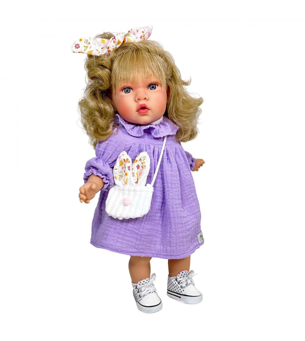 Papusa Nines D'Onil, Susette Plumeti, cu parul blond, cu sunete, cu rochie mov, cu miros de vanilie, 45 cm - Papusi