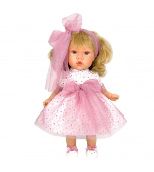 Papusa Nines D'Onil, Susette Tul, cu parul blond, cu sunete, cu funda roz, cu miros de vanilie, 45 cm - Papusi