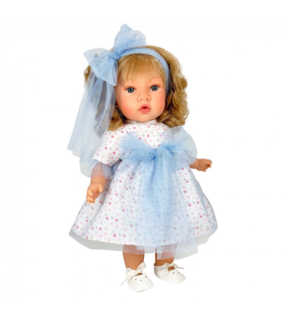 Papusa Nines D'Onil, Susette Tul, cu parul blond, cu sunete, cu funda albastra, cu miros de vanilie, 45 cm - Papusi Papusa Nines D'Onil, Susette Tul, cu parul blond, cu sunete, cu funda albastra, cu miros de vanilie, 45 cm - Papusi