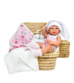 Papusa Nines D'Onil, Little Bunny, bebelus RN, cu hainute roz, cu paturica, cu miros de vanilie, 37 cm - Papusi