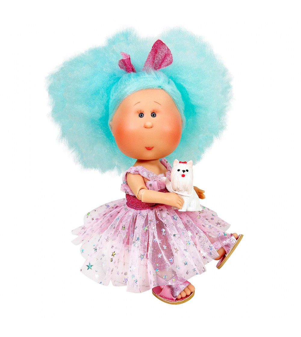 Papusa Nines D'Onil, Mia Cotton, cu parul albastru, cu catel, cu articulatii, cu miros de vanilie, 30 cm - Papusi
