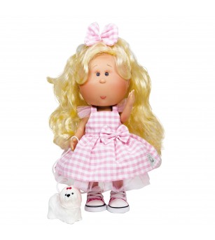 Papusa Nines D'Onil, Mia, cu parul blond, cu catel, cu articulatii, cu miros de vanilie, 30 cm - Papusi