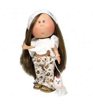 Papusa Nines D'Onil, Mia, cu parul saten drept, cu catel, cu articulatii, cu miros de vanilie, 30 cm - Papusi