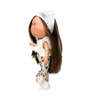 Papusa Nines D'Onil, Mia, cu parul saten drept, cu catel, cu articulatii, cu miros de vanilie, 30 cm - Papusi