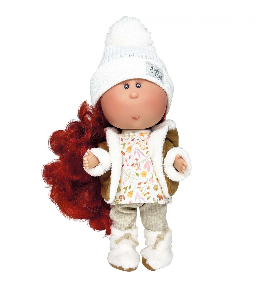 Papusa Nines D'Onil, Mia, cu parul rosu, cu fes alb, cu articulatii, cu miros de vanilie, 30 cm - Papusi