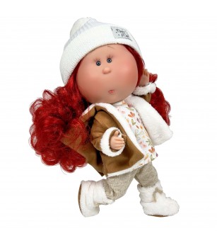 Papusa Nines D'Onil, Mia, cu parul rosu, cu fes alb, cu articulatii, cu miros de vanilie, 30 cm - Papusi