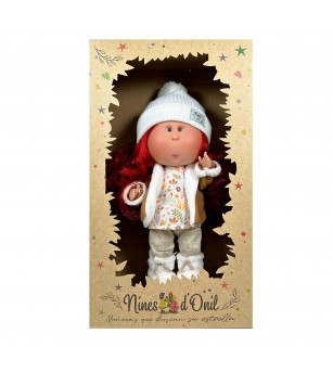 Papusa Nines D'Onil, Mia, cu parul rosu, cu fes alb, cu articulatii, cu miros de vanilie, 30 cm - Papusi