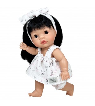Papusa Nines D'Onil, Joy, cu parul brunet, cu rochie alba, cu miros de vanilie, 37 cm - Papusi