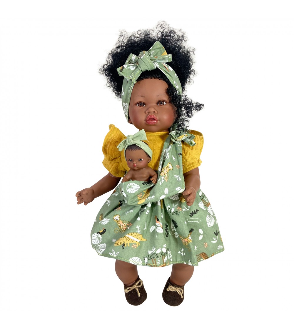 Papusa Nines D'Onil, Maria Afro, cu sunete, cu bebelus, cu rochie verde, cu miros de vanilie, 45 cm - Papusi