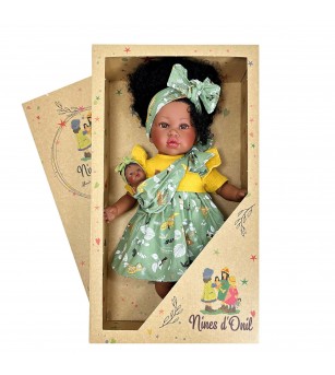 Papusa Nines D'Onil, Maria Afro, cu sunete, cu bebelus, cu rochie verde, cu miros de vanilie, 45 cm - Papusi