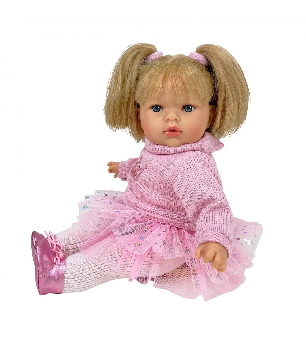 Papusa Nines D'Onil, Tita, cu parul blond, cu fusta plumeti roz, cu miros de vanilie, 45 cm - Papusi