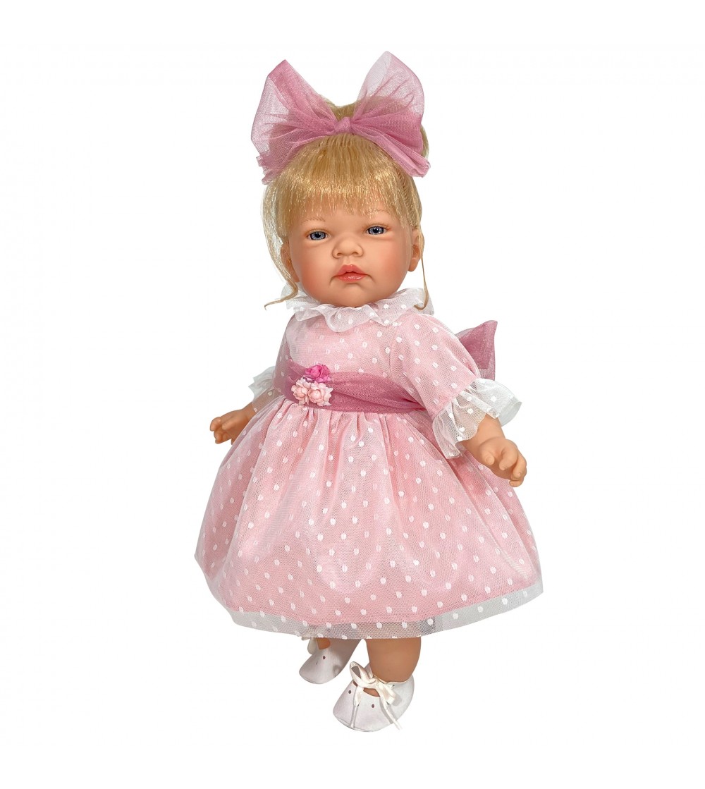 Papusa Nines D'Onil, Celia, cu sunete, cu parul blond, cu rochie roz plumeti, cu miros de vanilie, 45 cm - Papusi
