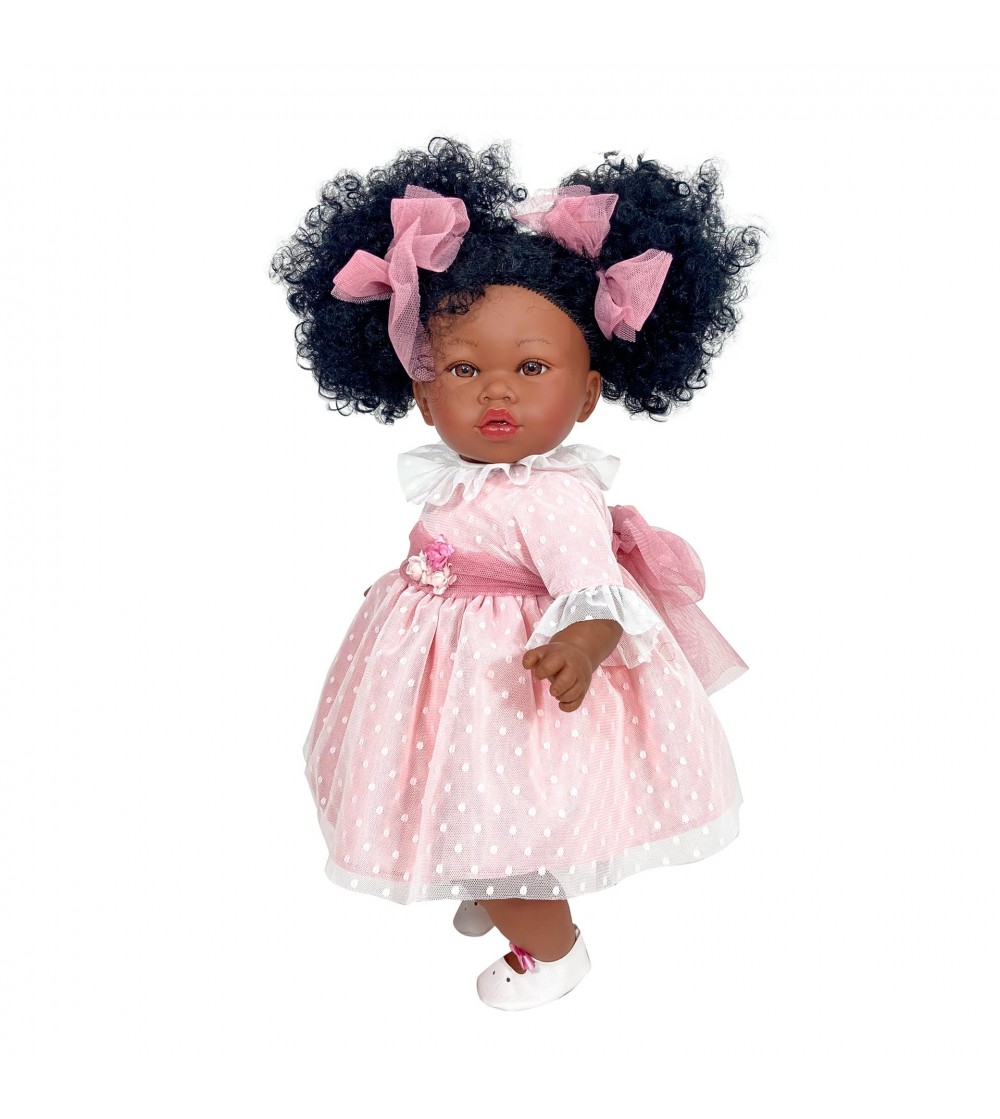 Papusa Nines D'Onil, Addis Afro, cu rochie roz plumeti, cu miros de vanilie, 45 cm - Papusi