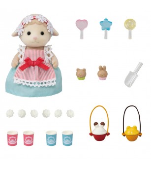 Sylvanian Families 5653 - Set Popcorn Delivery Trike și Figurina Oiță - Figurine