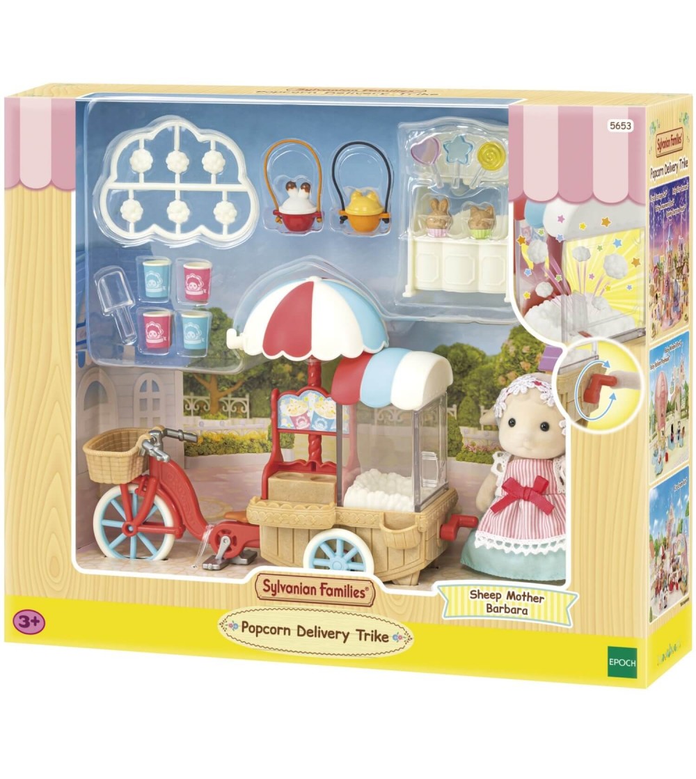 Sylvanian Families 5653 - Set Popcorn Delivery Trike și Figurina Oiță - Figurine
