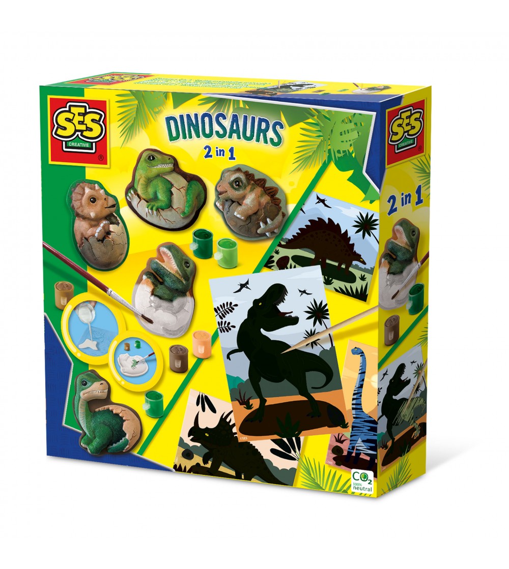 Set creativ pentru copii cu mulaj si pictura - Dinozauri 2 in 1, razuire - Figurine de pictat
