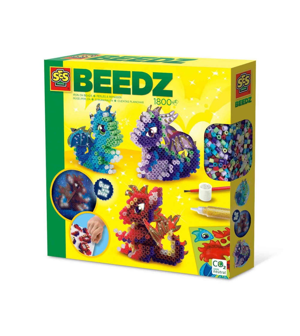 Set creativ Beedz - Margele de calcat Dragoni 3D Glow in the Dark - Mărgele de călcat