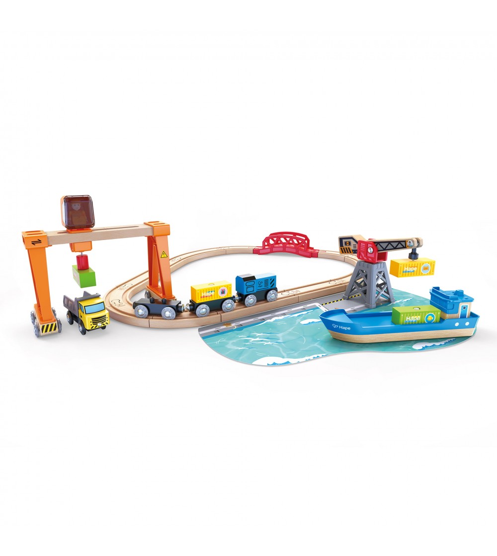 Set de jucarie din lemn - port cu trenuri, vapoare si camioane - Vehicule de jucărie
