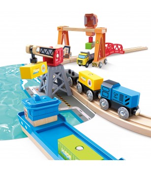 Set de jucarie din lemn - port cu trenuri, vapoare si camioane - Vehicule de jucărie