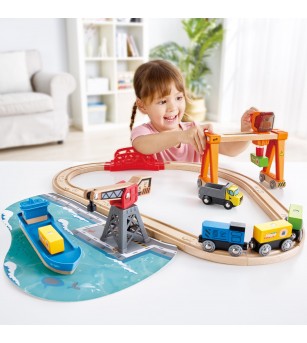 Set de jucarie din lemn - port cu trenuri, vapoare si camioane - Vehicule de jucărie