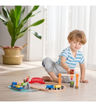 Set de jucarie din lemn - port cu trenuri, vapoare si camioane - Vehicule de jucărie