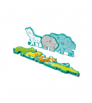 Puzzle din lemn pentru copii cu litere si animale salbatice - Puzzle incastru
