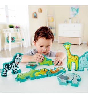 Puzzle din lemn pentru copii cu litere si animale salbatice - Puzzle incastru