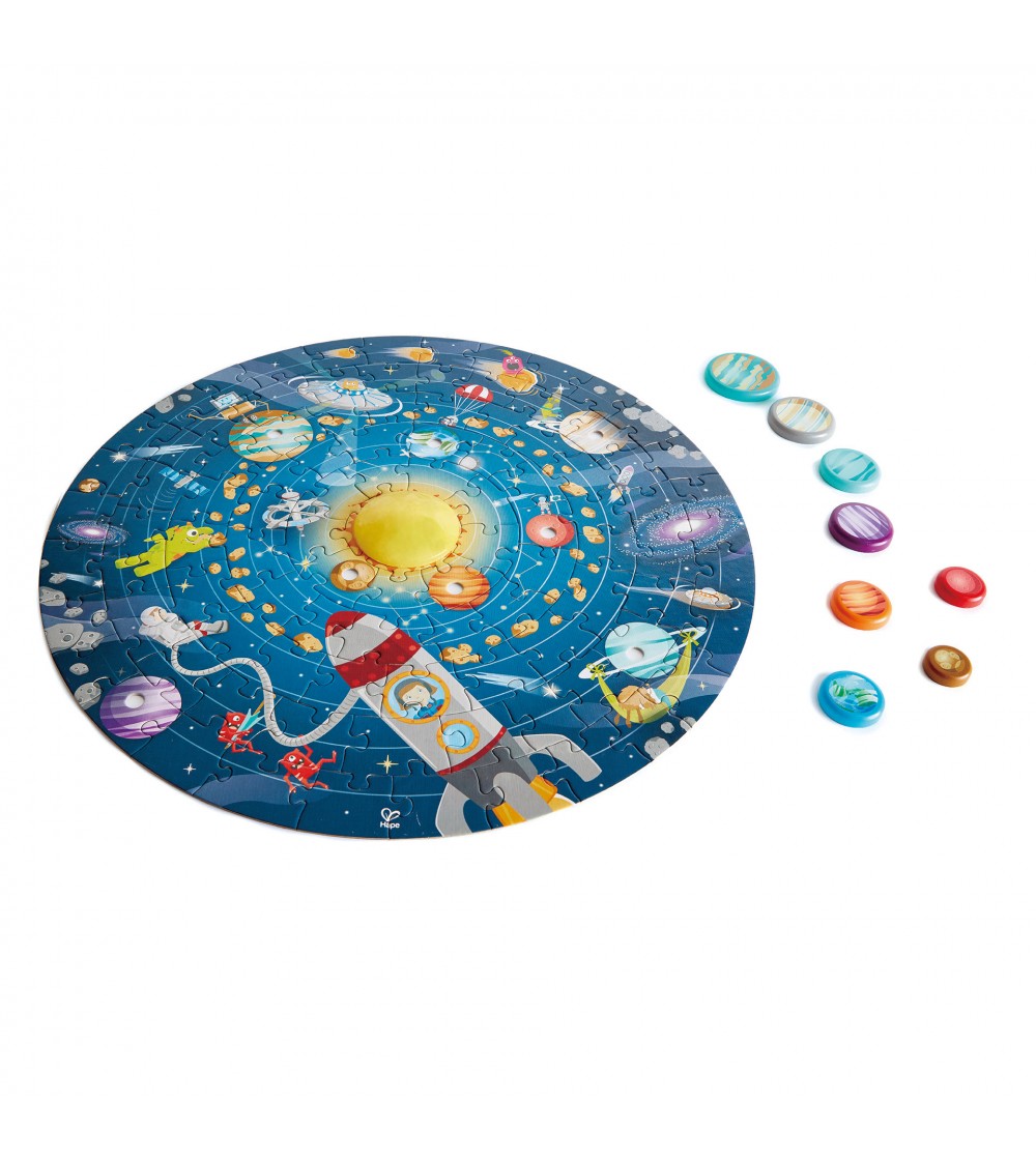 Puzzle Sistemul Solar pentru copii, cu led si planete din lemn (102 piese) - Puzzle copii