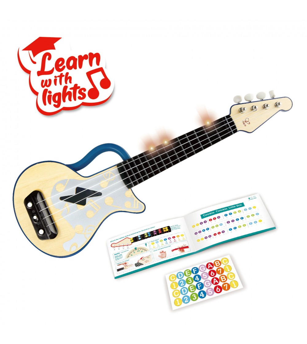 Jucarie din lemn - Instrument Ukulele (chitara) albastru - invata sa canti cu lumini - Chitară copii