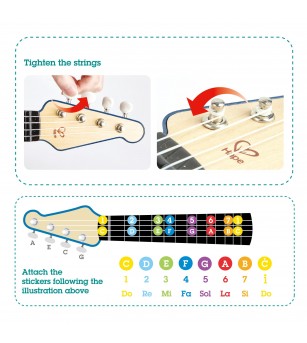 Jucarie din lemn - Instrument Ukulele (chitara) albastru - invata sa canti cu lumini - Chitară copii