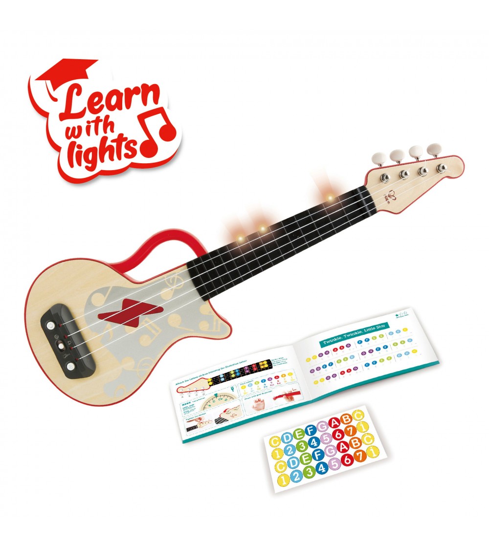 Jucarie din lemn - Instrument Ukulele (chitara) rosu - invata sa canti cu lumini - Chitară copii