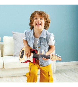 Jucarie din lemn - Instrument Ukulele (chitara) rosu - invata sa canti cu lumini - Chitară copii