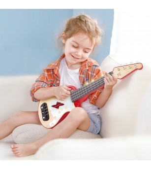 Jucarie din lemn - Instrument Ukulele (chitara) rosu - invata sa canti cu lumini - Chitară copii