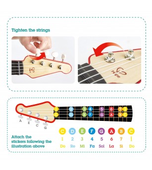 Jucarie din lemn - Instrument Ukulele (chitara) rosu - invata sa canti cu lumini - Chitară copii