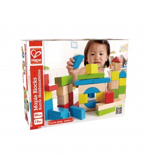 Cuburi din lemn de construit colorate (50 piese) - Jucării de lemn si Montessori