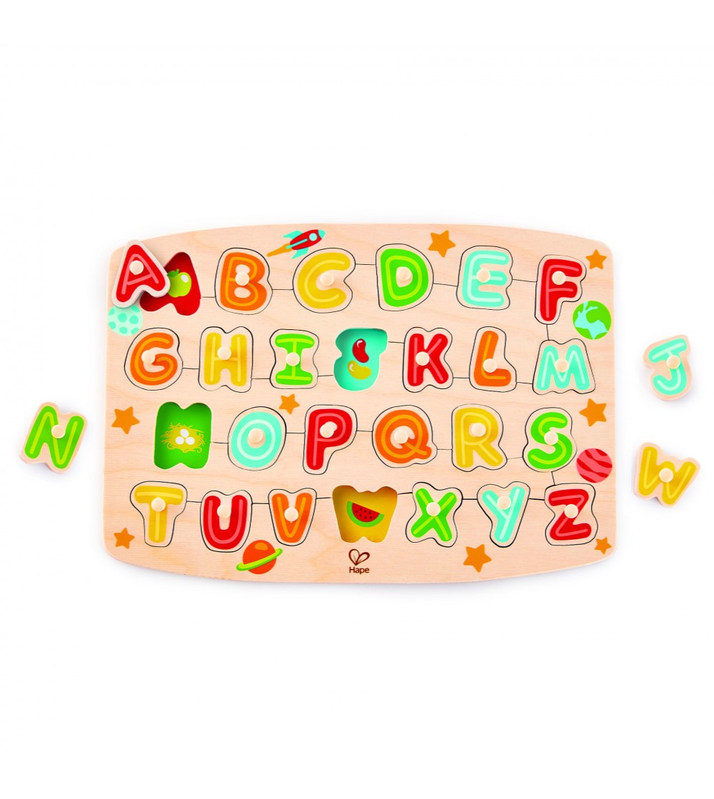 Puzzle din lemn cu butoni - Alfabet - Jucării copii 3-5 ani