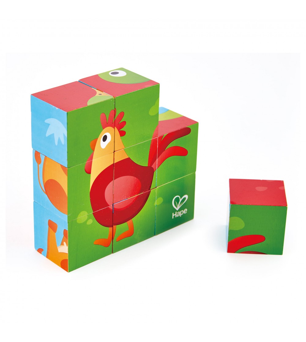 Puzzle din lemn cuburi - Animale de la ferma 3 x 3 - Puzzle lemn