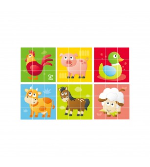 Puzzle din lemn cuburi - Animale de la ferma 3 x 3 - Puzzle lemn