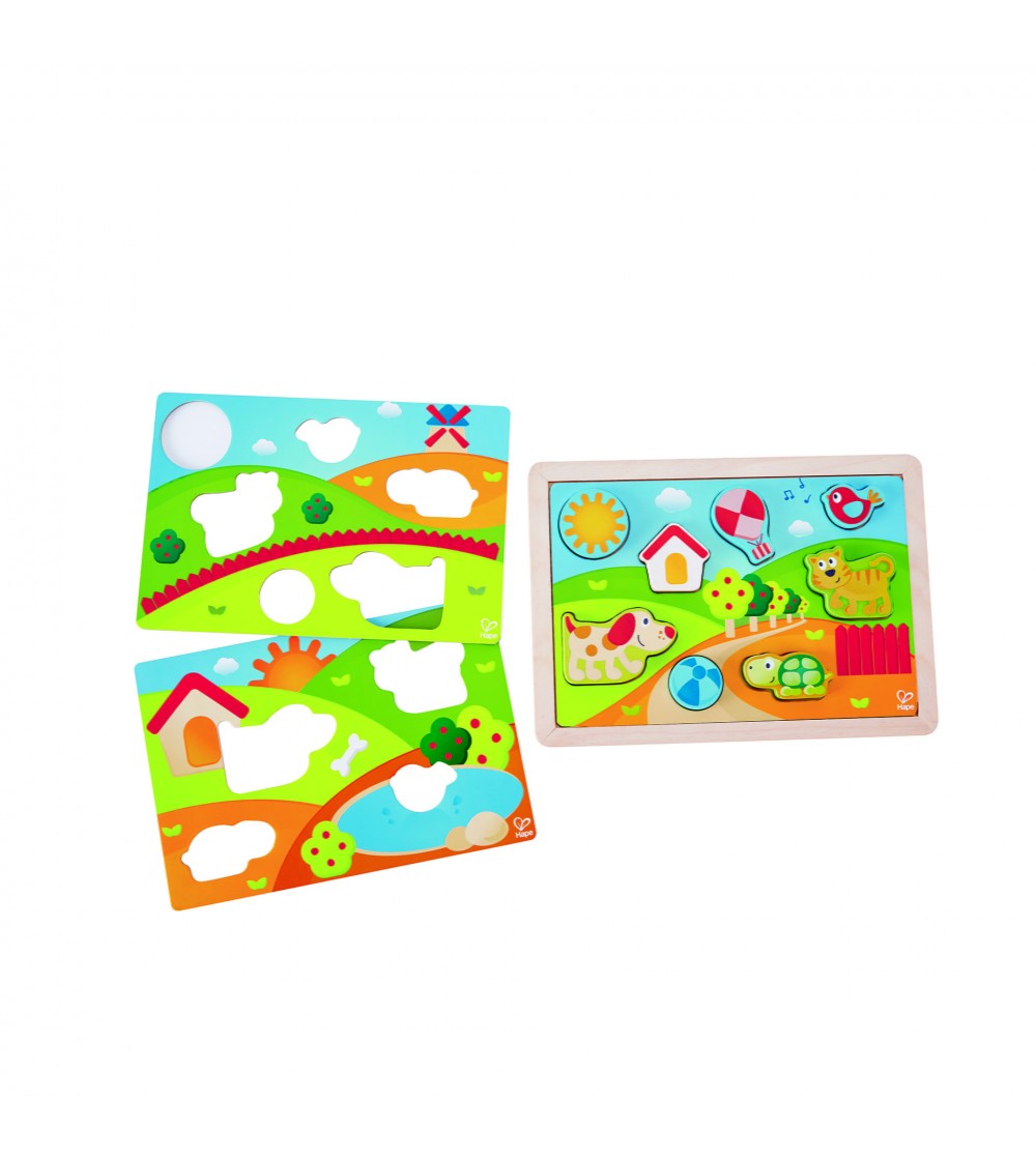 Puzzle din lemn 3 in 1 - Pepe si prietenii - Puzzle incastru
