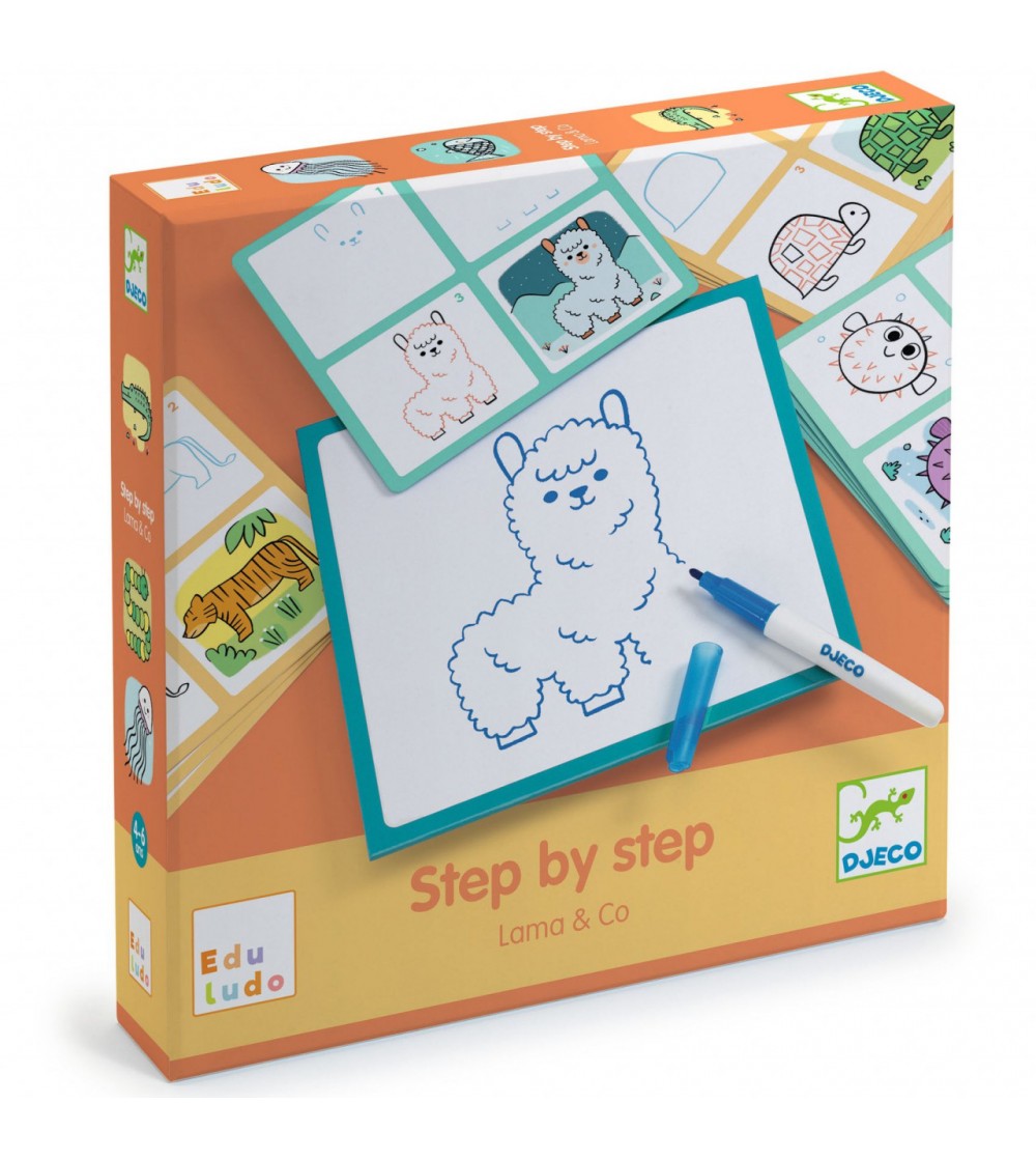 Joc Eduludo Deseneaza pas cu pas Lama & co, Djeco - Deseneaza pas cu pas