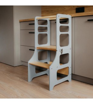 Learning Tower pliabil cu tobogan Duck Woodworks, gri - Learning tower