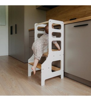 Learning Tower reglabil pe înălțime Duck Woodworks, alb - Learning tower