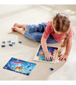 Puzzle din lemn 2 in 1 - Salvarea Oceanului (50 piese), cu fata dubla si activitate colorare - Acasa