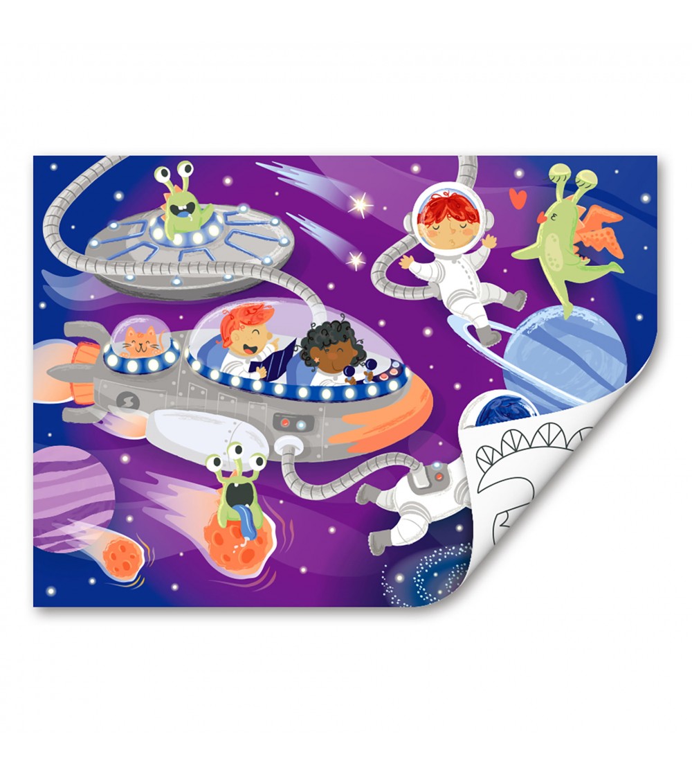 Puzzle din lemn 2 in 1 - Prietenii din Spatiu (50 piese), cu fata dubla si activitate colorare - Acasa