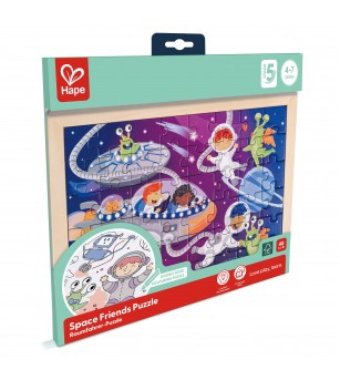 Puzzle din lemn 2 in 1 - Prietenii din Spatiu (50 piese), cu fata dubla si activitate colorare - Acasa